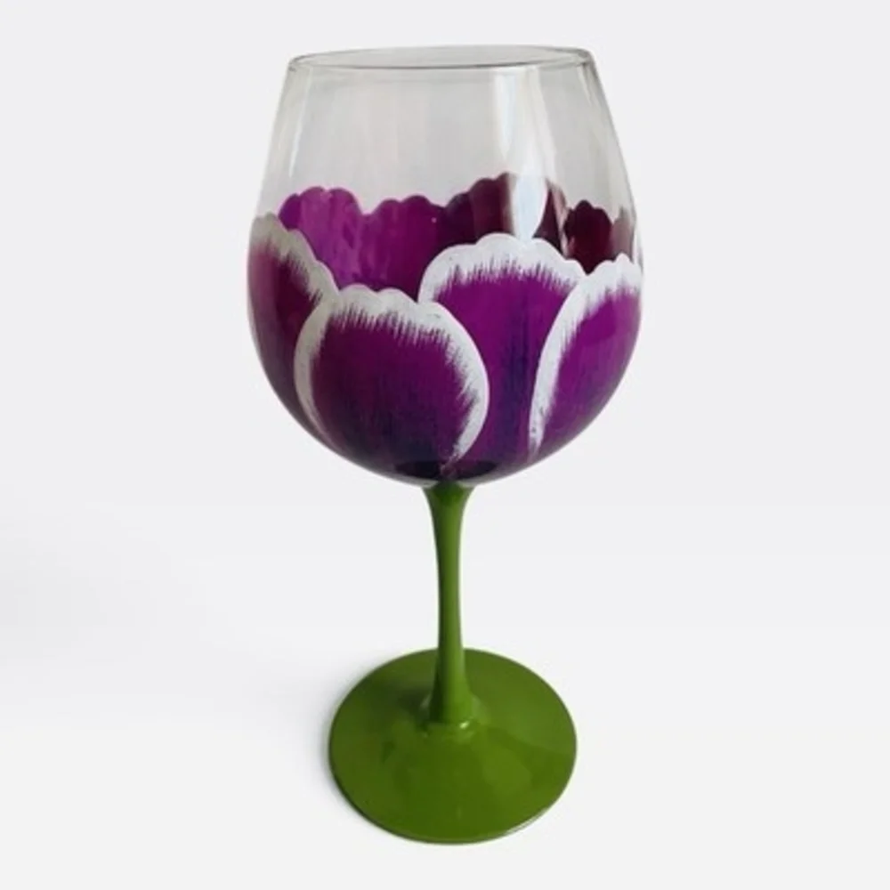Pier 1 Imports Hand Painted Purple Tulip Wine Glass Green Stem Hand Blown EXC